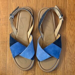 Joules Palmer Ankle Strap Blue and‎ Tan Women's Suede Sandals, size 9.5
